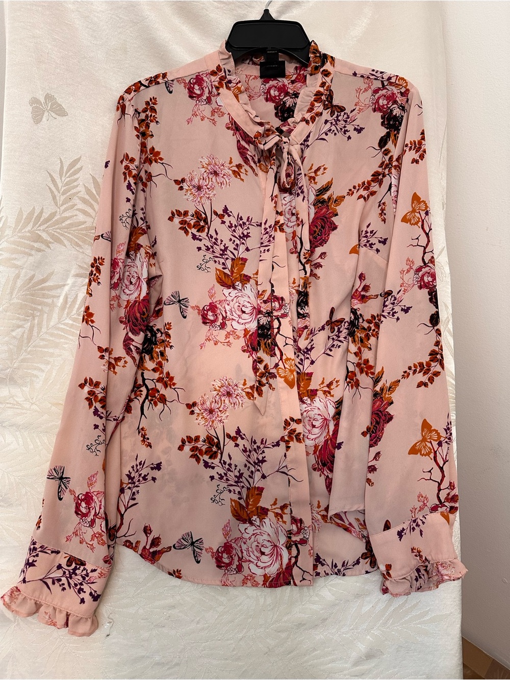 Worthington Pink Floral Tie-Neck Blouse with Ruffle Cuffs